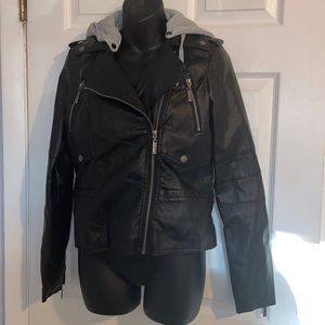 Faux leather moto jacket with detachable hood size small